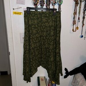Olive Green Floral Asymmetric Midi Skirt